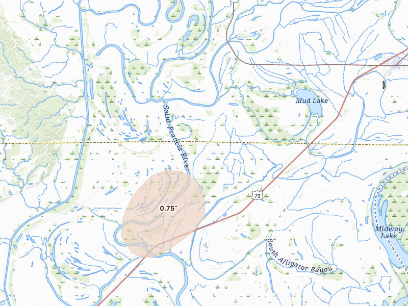 Radar-estimated hail-size map of the storm over Brickeys, AR on Jul 14, 2026
