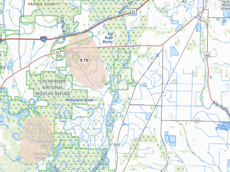 Radar-estimated hail-size map of the storm over Brinkley, AR on Aug 7, 2026
