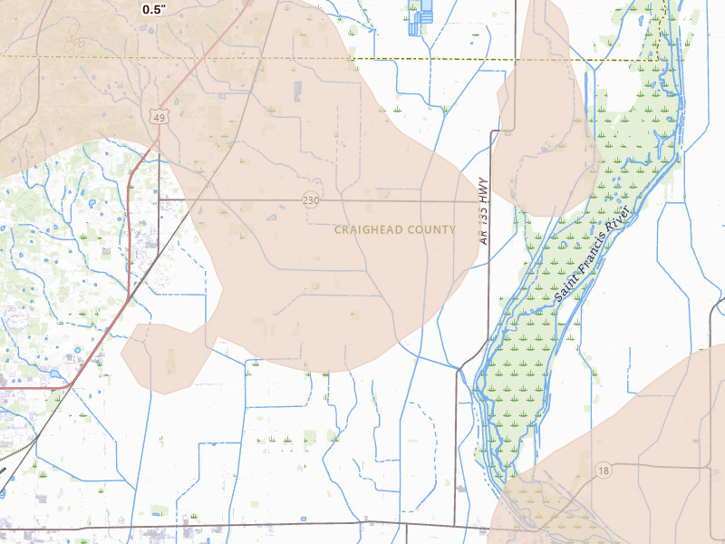 Radar-estimated hail-size map of the storm over Brookland, AR on Apr 27, 2026