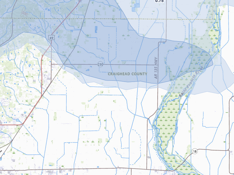 NEXRAD radar-signature map of the hail over Brookland, AR