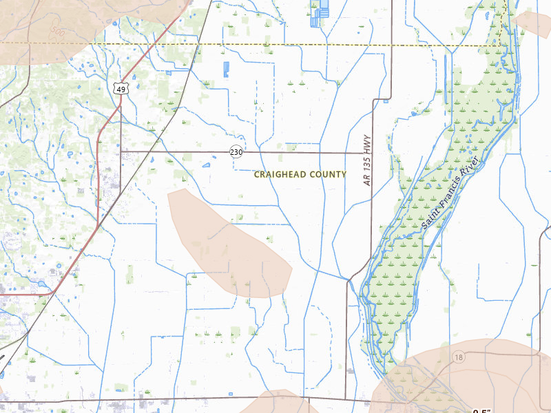 Radar-estimated hail-size map of the storm over Brookland, AR on Jul 11, 2026