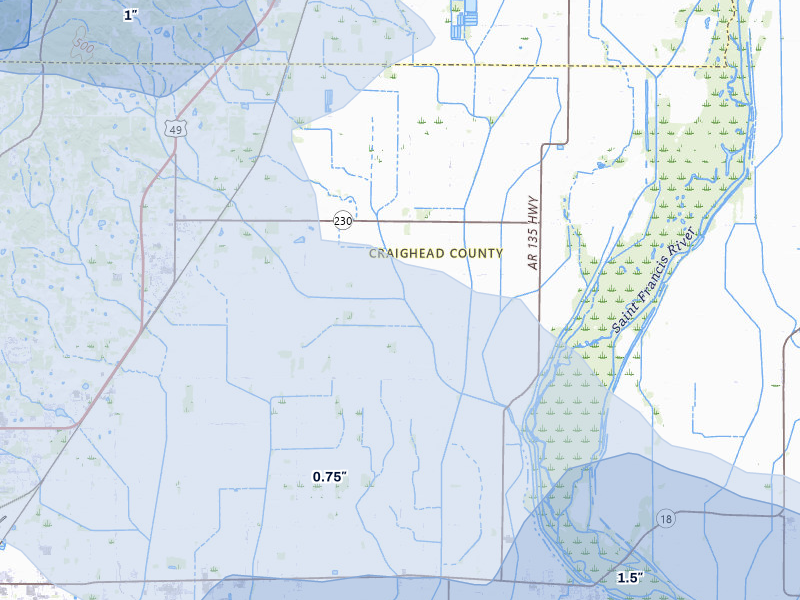NEXRAD radar-signature map of the hail over Brookland, AR