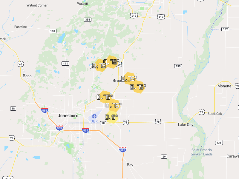Hail map of Brookland, AR on Jul 11, 2026, hail up to 0.75"