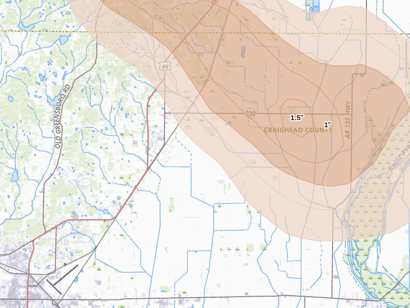 Radar-estimated hail-size map of the storm over Brookland, AR on Aug 22, 2026