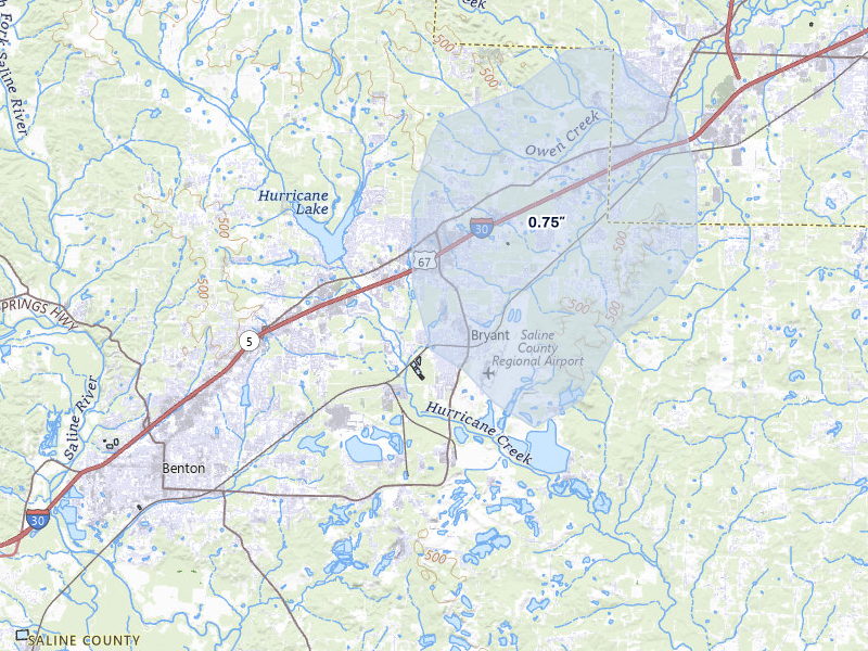 NEXRAD radar-signature map of the hail storm over Bryant, AR on Apr 28, 2026