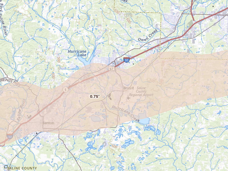 Radar-estimated hail-size map of the storm over Bryant, AR on May 5, 2026