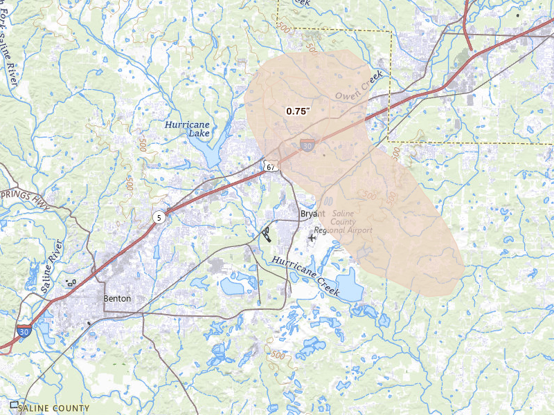 Radar-estimated hail-size map of the storm over Bryant, AR on May 30, 2026