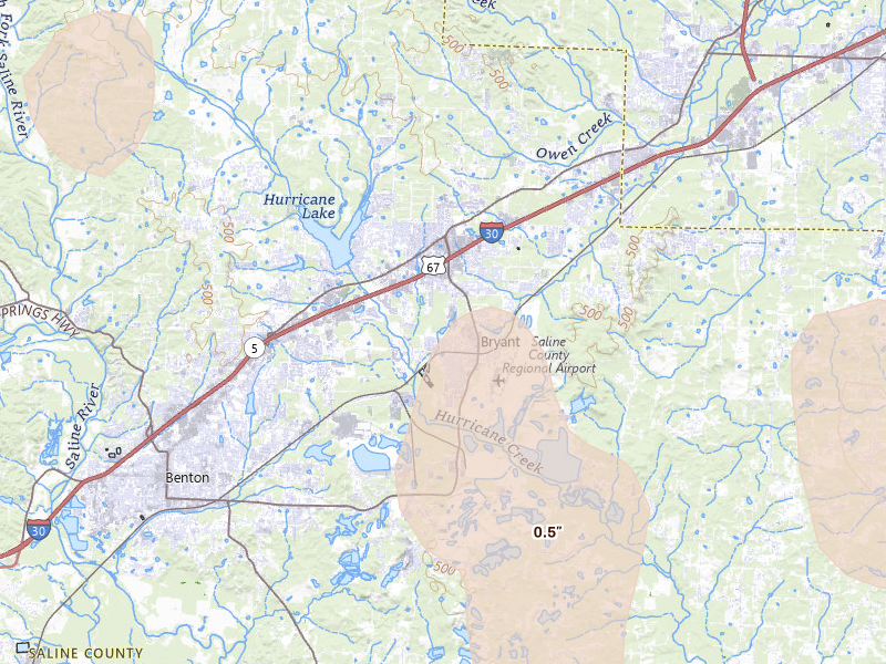 Radar-estimated hail-size map of the storm over Bryant, AR on Jun 1, 2026