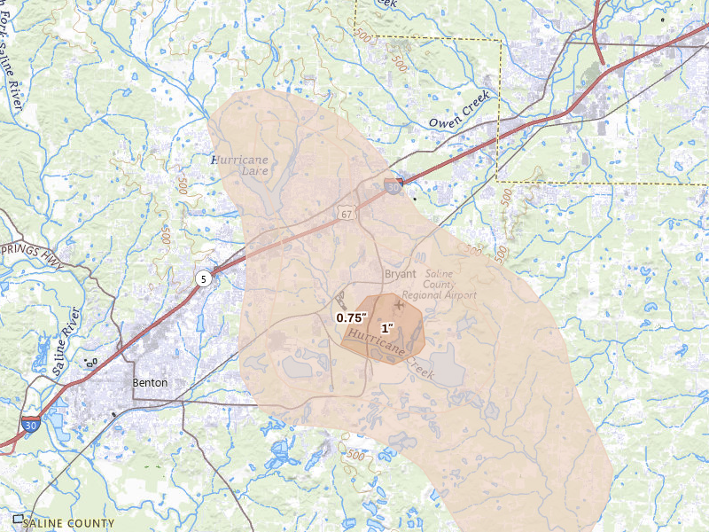 Radar-estimated hail-size map of the storm over Bryant, AR on Jul 8, 2026