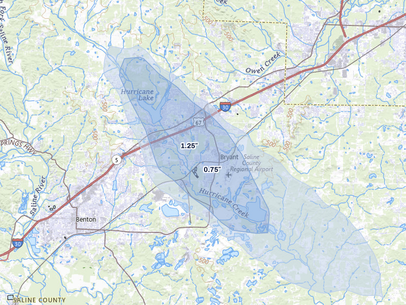NEXRAD radar-signature map of the hail storm over Bryant, AR on Jul 8, 2026