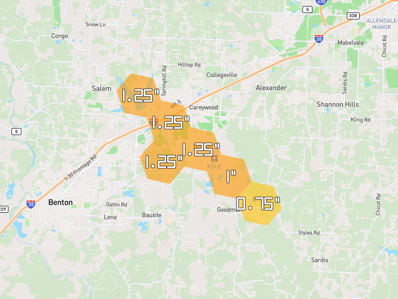Hail map of Bryant, AR on Jul 8, 2026, hail up to 1.25"