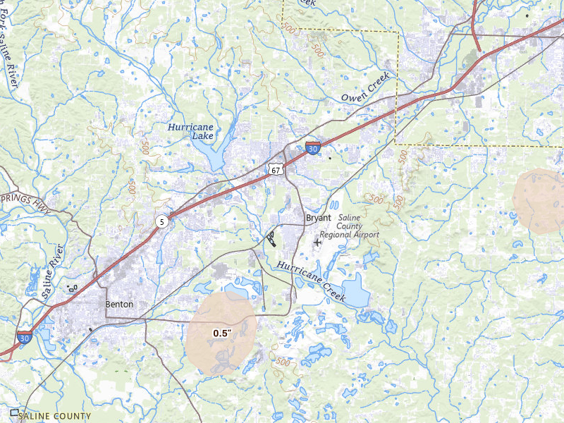 Radar-estimated hail-size map of the storm over Bryant, AR on Aug 7, 2026