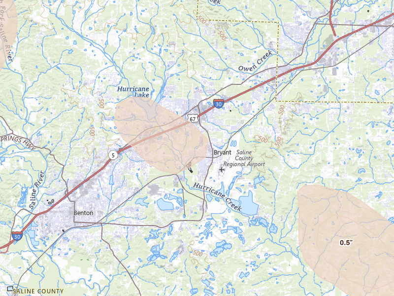 Radar-estimated hail-size map of the storm over Bryant, AR on Aug 22, 2026