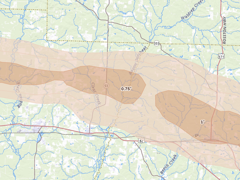 Radar-estimated hail-size map of the storm over Buckner, AR on Mar 15, 2026