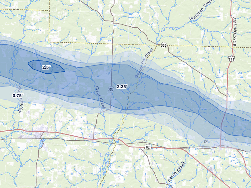 NEXRAD radar-signature map of the hail over Buckner, AR