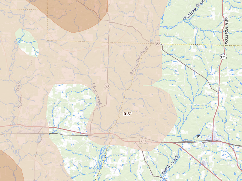 Radar-estimated hail-size map of the storm over Buckner, AR on Apr 25, 2026