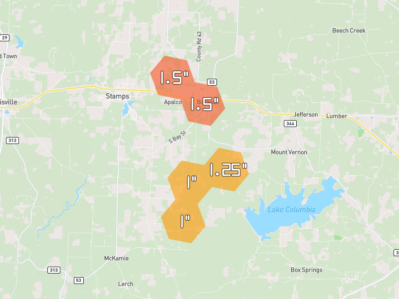 Hail map of Buckner, AR on Jun 2, 2026, hail up to 1.5"