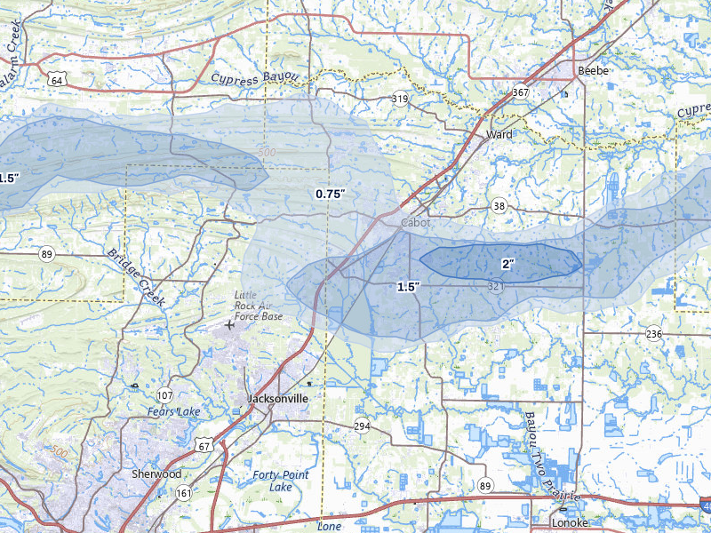 NEXRAD radar-signature map of the hail over Cabot, AR