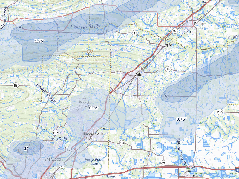 NEXRAD radar-signature map of the hail storm over Cabot, AR on Apr 28, 2026