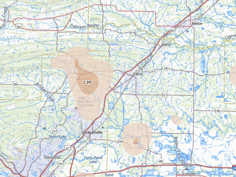 Radar-estimated hail-size map of the storm over Cabot, AR on Jul 4, 2026
