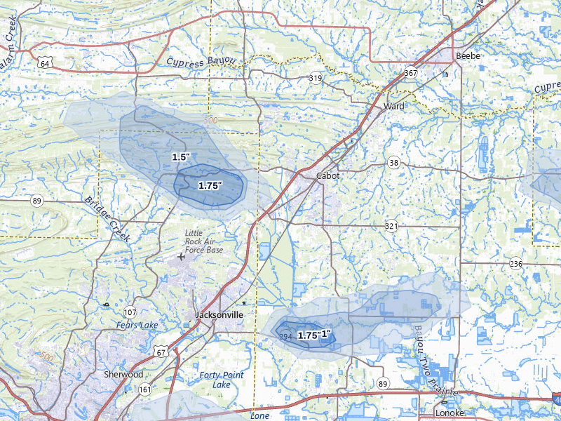 NEXRAD radar-signature map of the hail over Cabot, AR