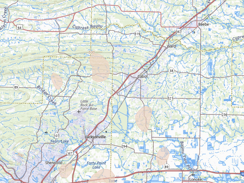 Radar-estimated hail-size map of the storm over Cabot, AR on Jul 6, 2026