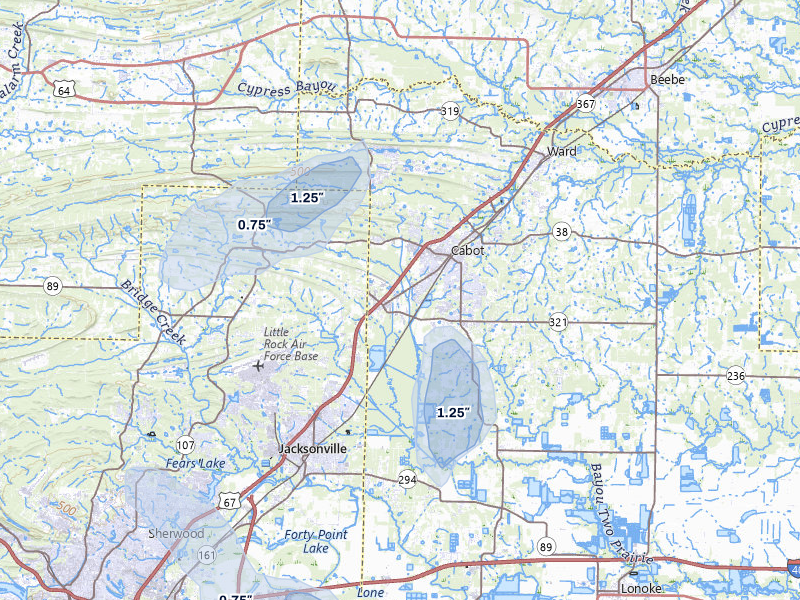 NEXRAD radar-signature map of the hail over Cabot, AR