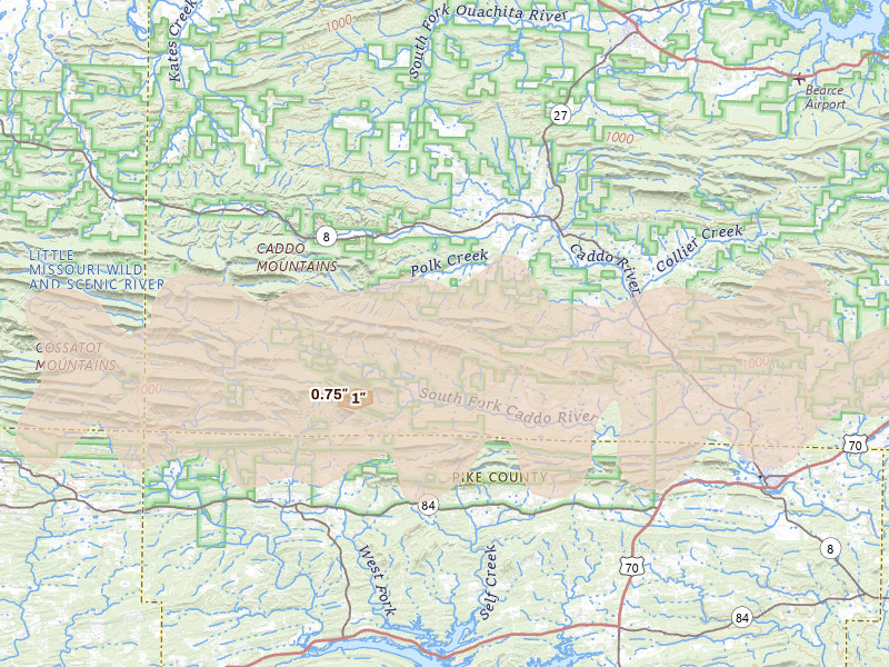 Radar-estimated hail-size map of the storm over Caddo Gap, AR on Mar 15, 2026