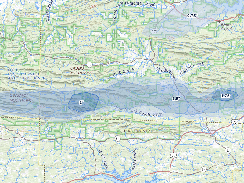 NEXRAD radar-signature map of the hail over Caddo Gap, AR