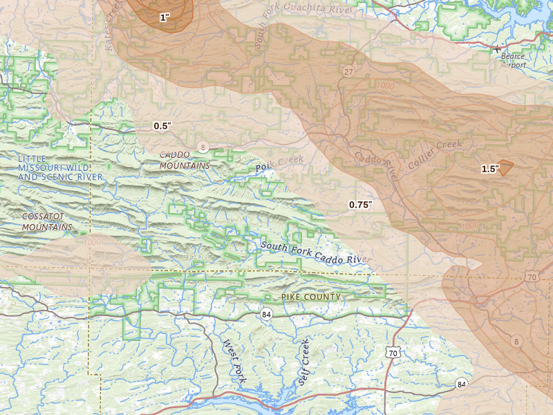 Radar-estimated hail-size map of the storm over Caddo Gap, AR on Apr 25, 2026