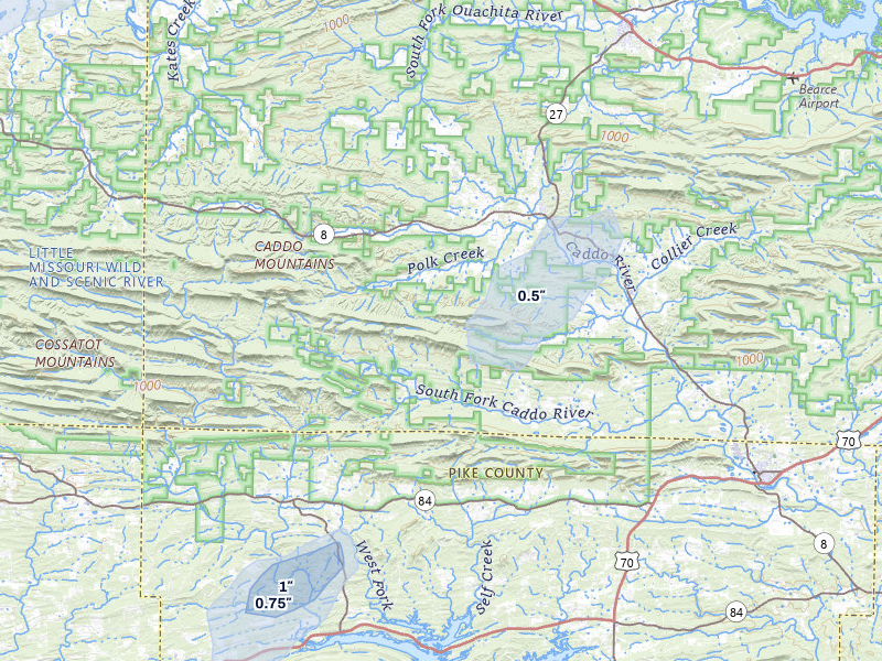 NEXRAD radar-signature map of the hail storm over Caddo Gap, AR on Apr 28, 2026