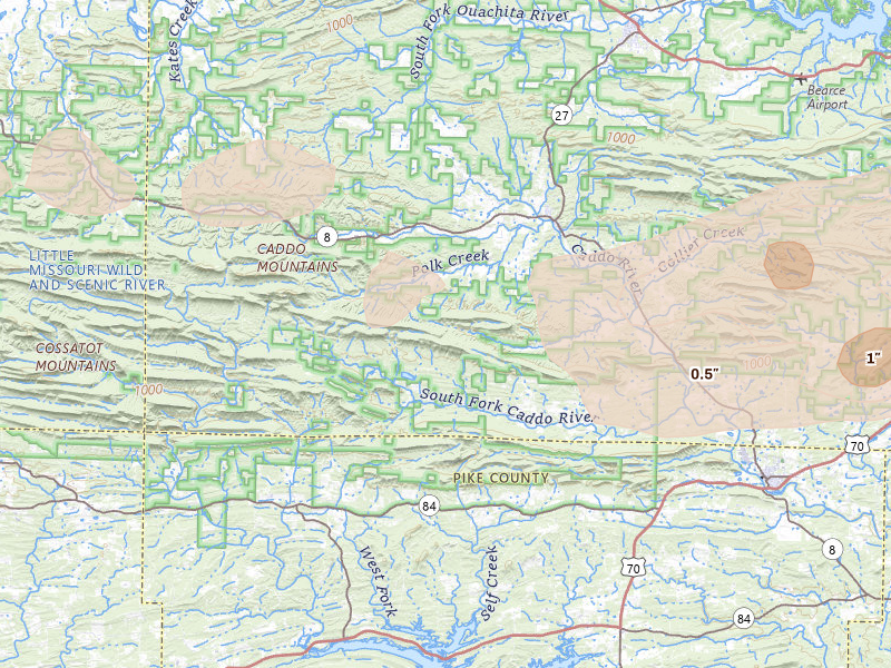 Radar-estimated hail-size map of the storm over Caddo Gap, AR on May 5, 2026