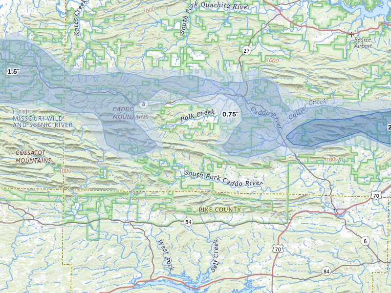 NEXRAD radar-signature map of the hail storm over Caddo Gap, AR on May 5, 2026