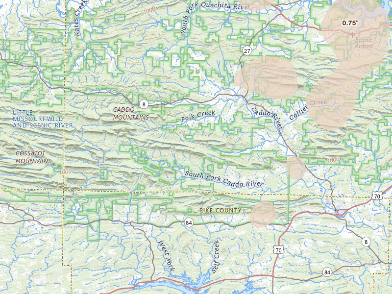 Radar-estimated hail-size map of the storm over Caddo Gap, AR on Jun 1, 2026