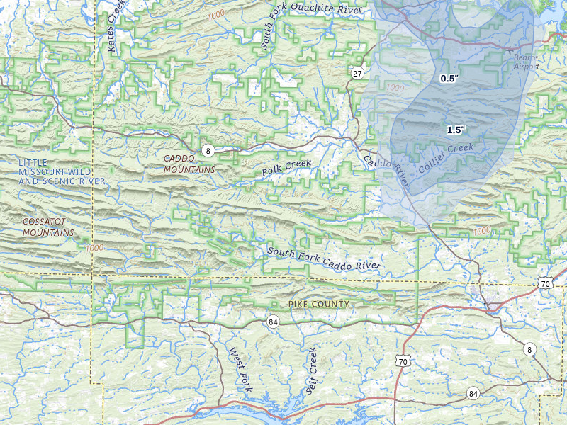 NEXRAD radar-signature map of the hail storm over Caddo Gap, AR on Jun 1, 2026