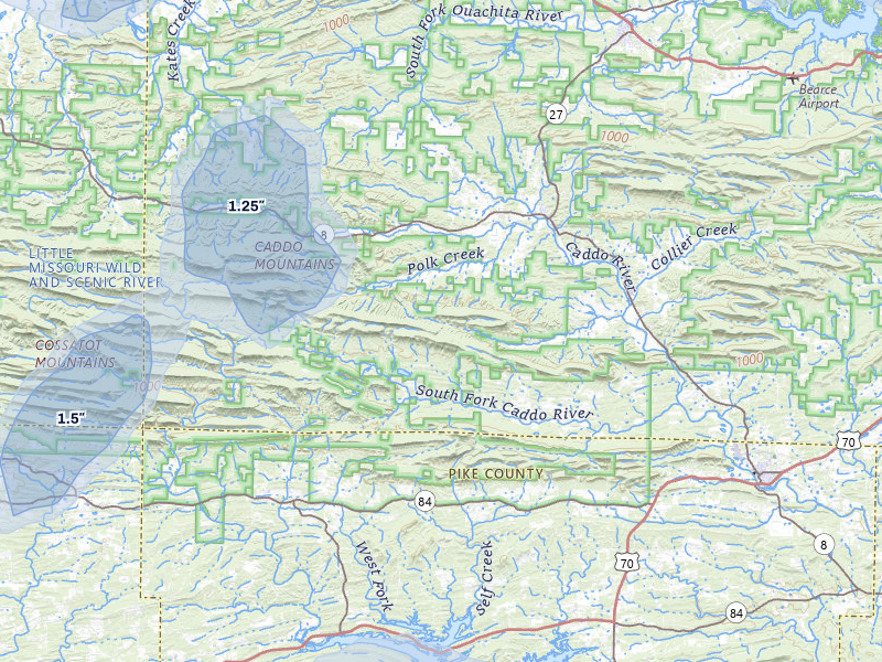 NEXRAD radar-signature map of the hail storm over Caddo Gap, AR on Jul 6, 2026