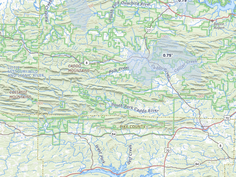 NEXRAD radar-signature map of the hail storm over Caddo Gap, AR on Jul 8, 2026