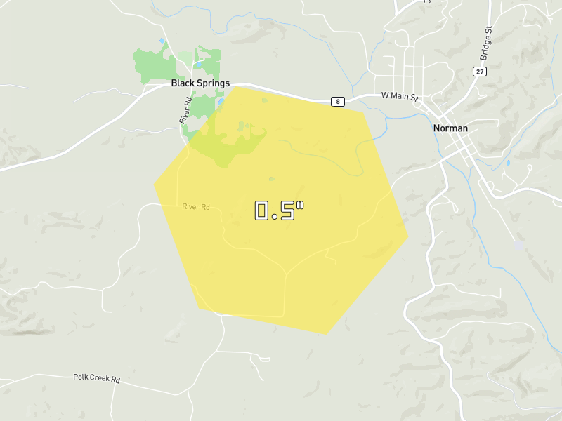 Hail map of Caddo Gap, AR on Jul 8, 2026, hail up to 0.5"