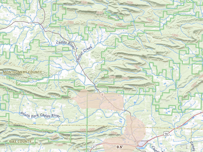 Radar-estimated hail-size map of the storm over Caddo Gap, AR on Aug 22, 2026