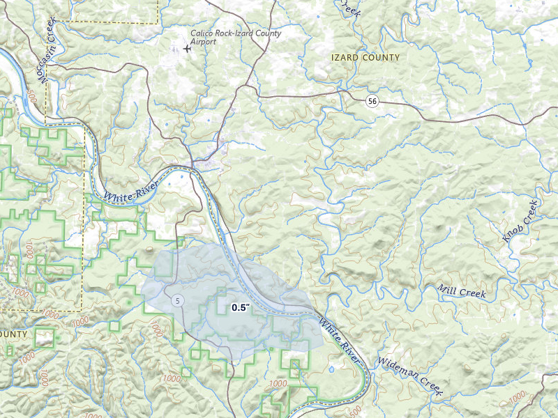 NEXRAD radar-signature map of the hail storm over Calico Rock, AR on Apr 28, 2026