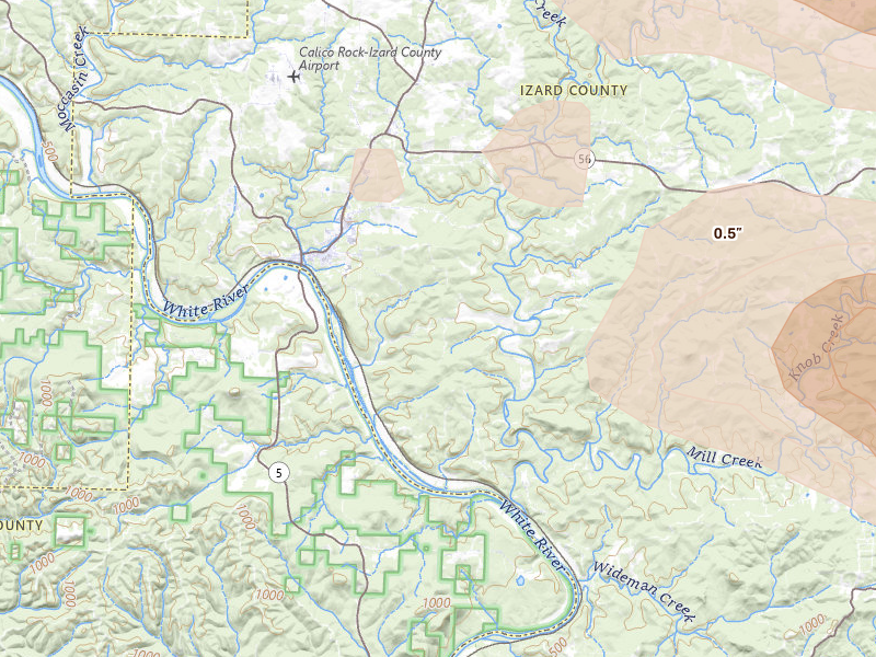 Radar-estimated hail-size map of the storm over Calico Rock, AR