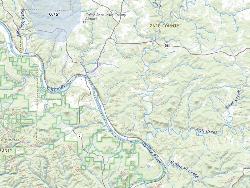 NEXRAD radar-signature map of the hail storm over Calico Rock, AR on Jul 3, 2026