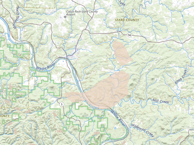 Radar-estimated hail-size map of the storm over Calico Rock, AR on Jul 11, 2026
