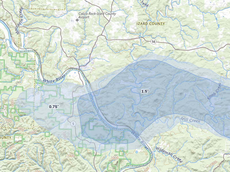 NEXRAD radar-signature map of the hail storm over Calico Rock, AR on Jul 11, 2026