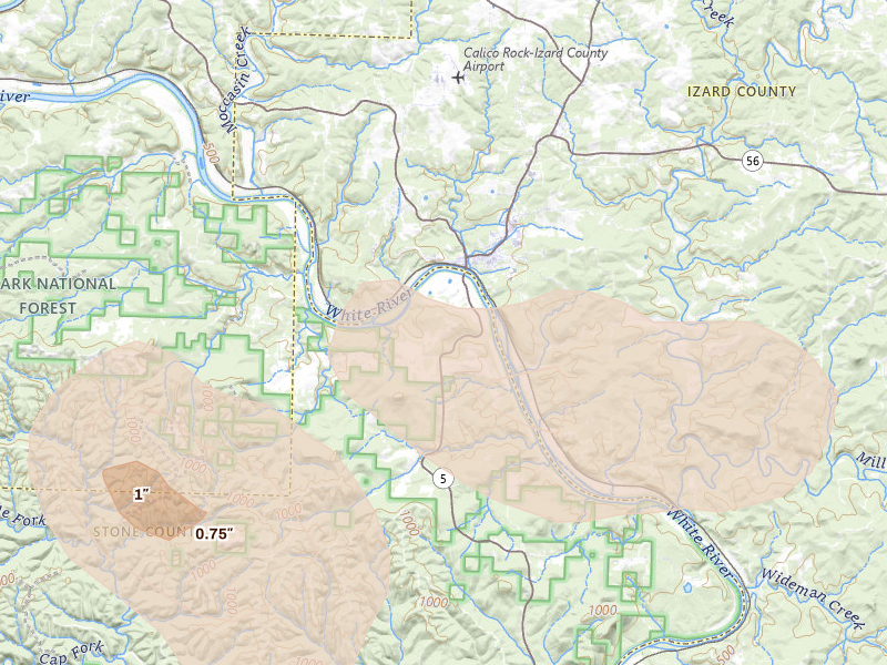 Radar-estimated hail-size map of the storm over Calico Rock, AR on Aug 26, 2026