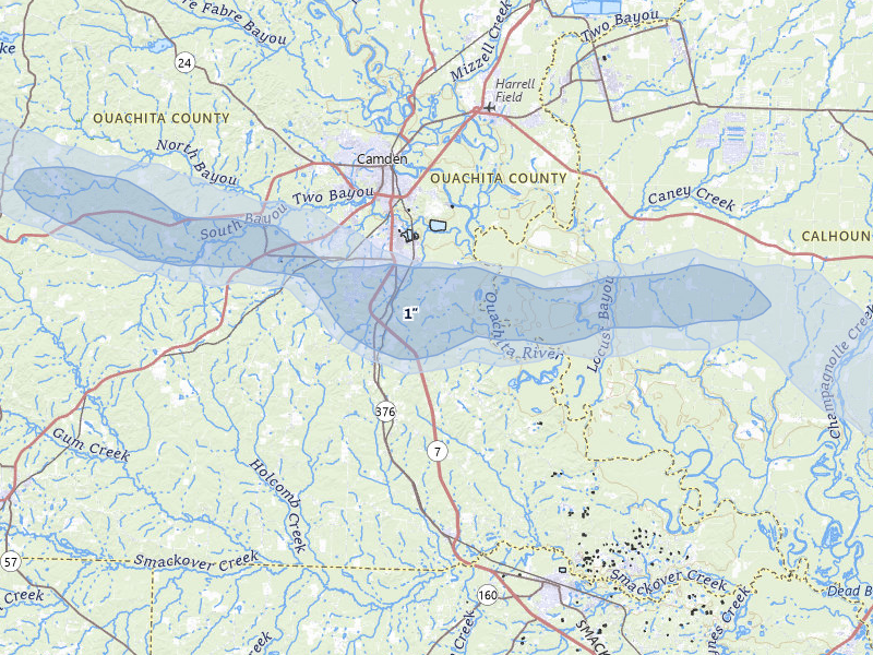 NEXRAD radar-signature map of the hail over Camden, AR