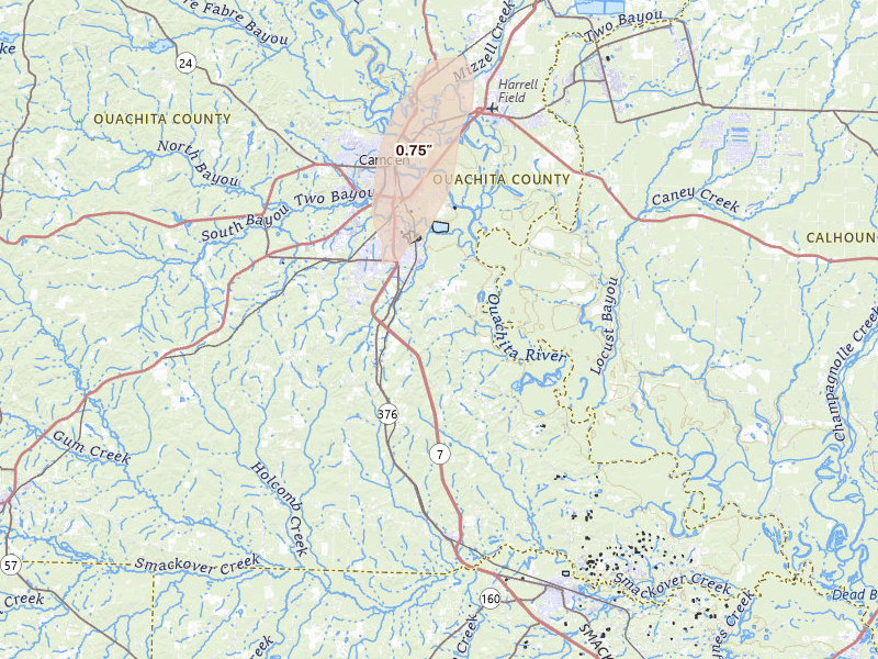 Radar-estimated hail-size map of the storm over Camden, AR on Apr 3, 2026