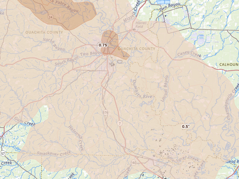 Radar-estimated hail-size map of the storm over Camden, AR on Apr 25, 2026