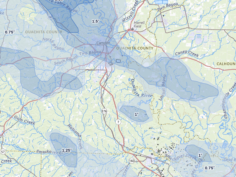 NEXRAD radar-signature map of the hail over Camden, AR