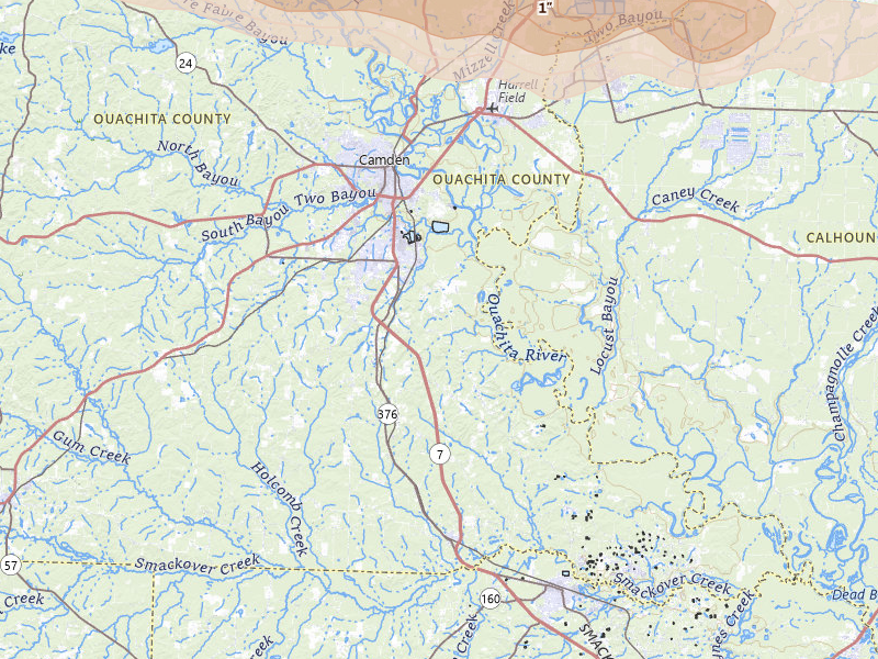 Radar-estimated hail-size map of the storm over Camden, AR on Apr 28, 2026